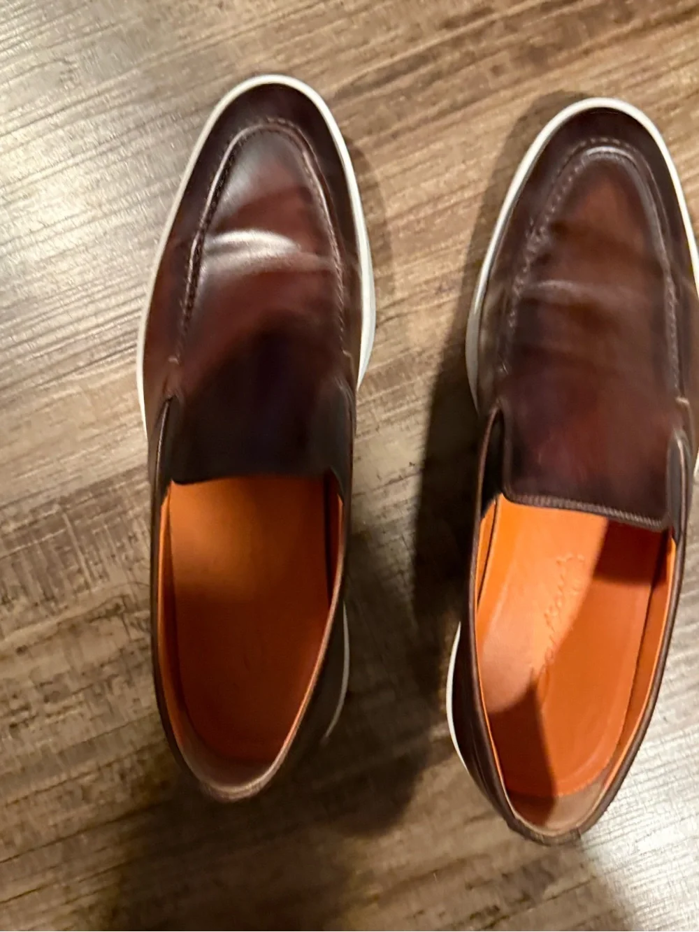 Men's Santoni Brown Leather Slip-On Loafers white sole